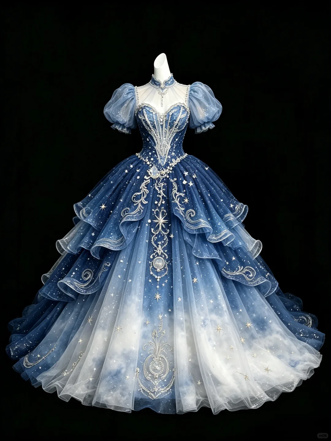 Blue To White Ombre Starry Sky Princess Prom Dress, High Neck Puff Sleeve Glitter Tulle Evening Gown NV7455