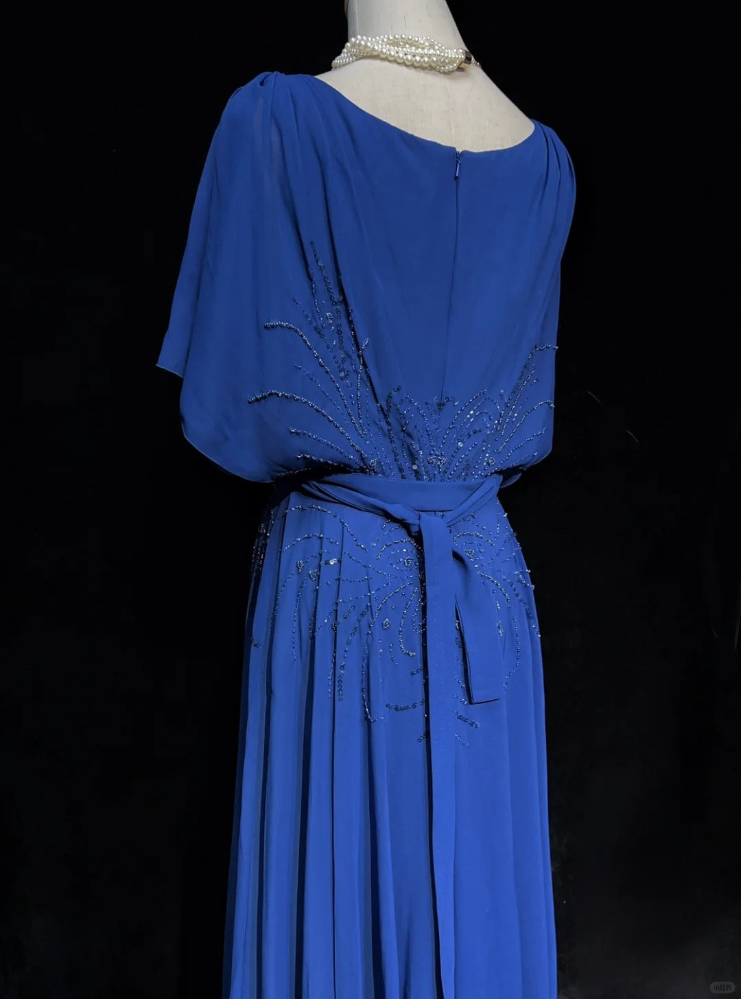 Blue Vintage Elegant Exquisite Beaded Short Sleeve Long Chiffon Ball Gown Evening Dress Party Dress Wedding Mother's Dress Prom Dress nv3961