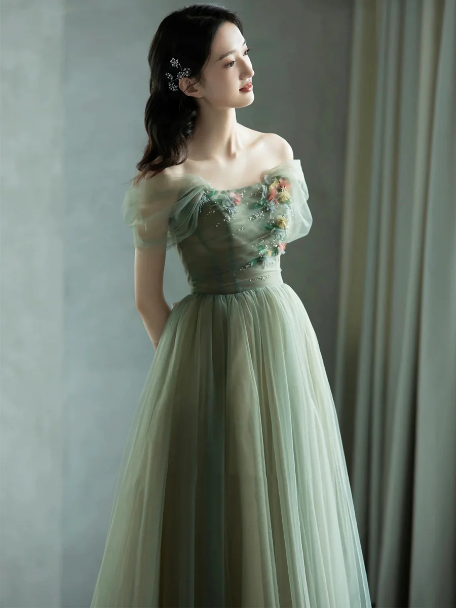Green elegant A-line off-shoulder long tulle ball gown evening dress graduation dress coming of age ceremony dress nv1413
