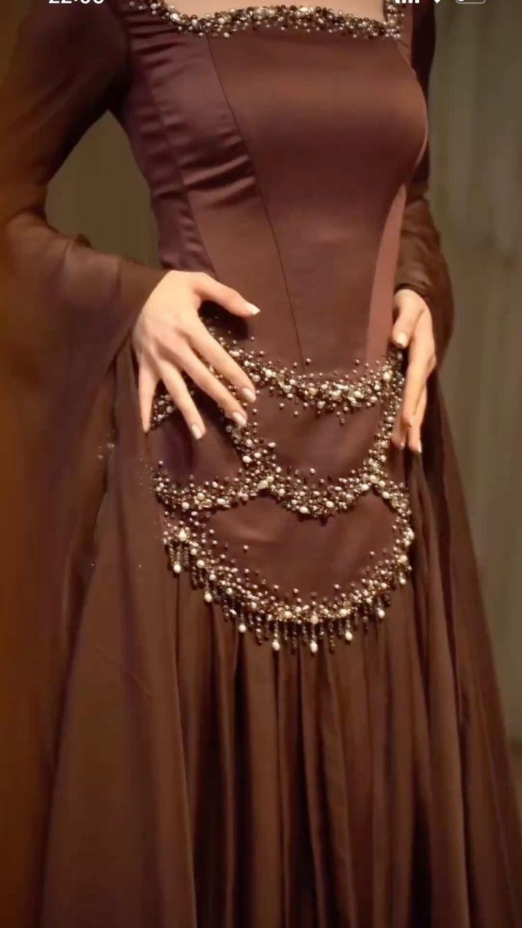 NiceVestidos--Luxurious Dark Brown Satin Chiffon Spliced Square Neck Beaded Flared Sleeve Floor Length Gown NV5755