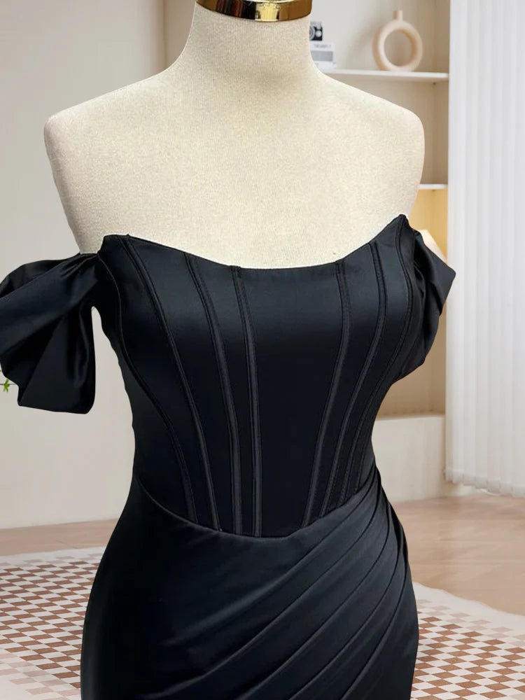 Black Off Shoulder Satin Mermaid Long Prom Dress, Black Long Evening Dress nv1609