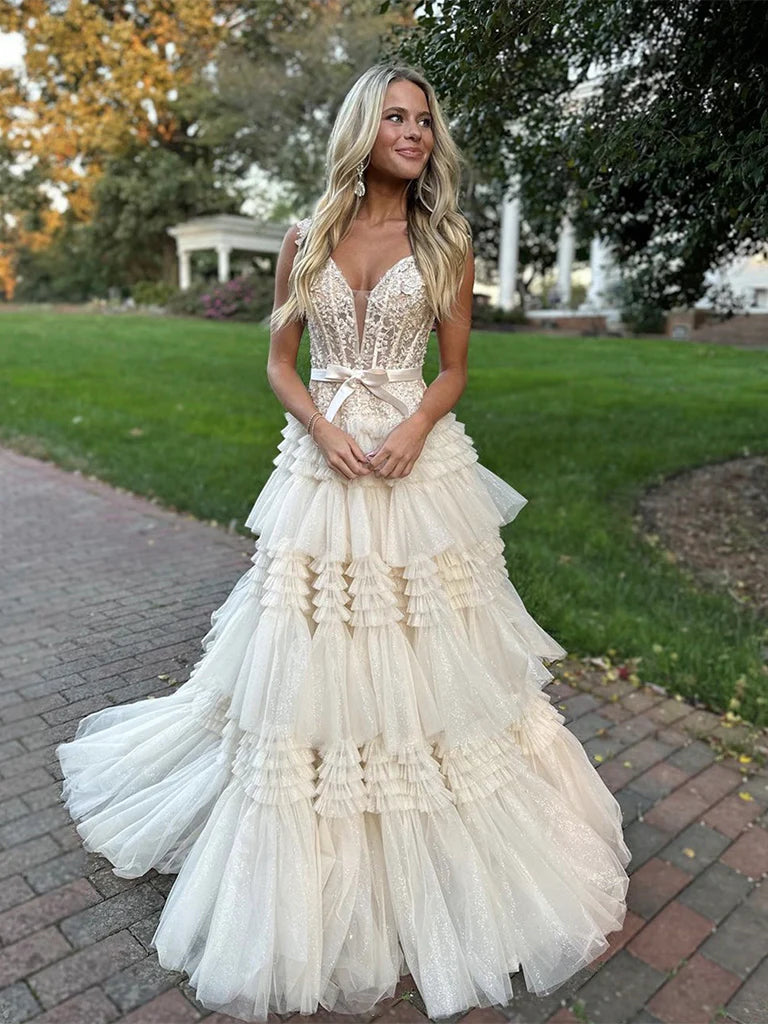 Champagne V Neck Tulle Lace Long Prom Dress, Champagne Formal Dress nv1522