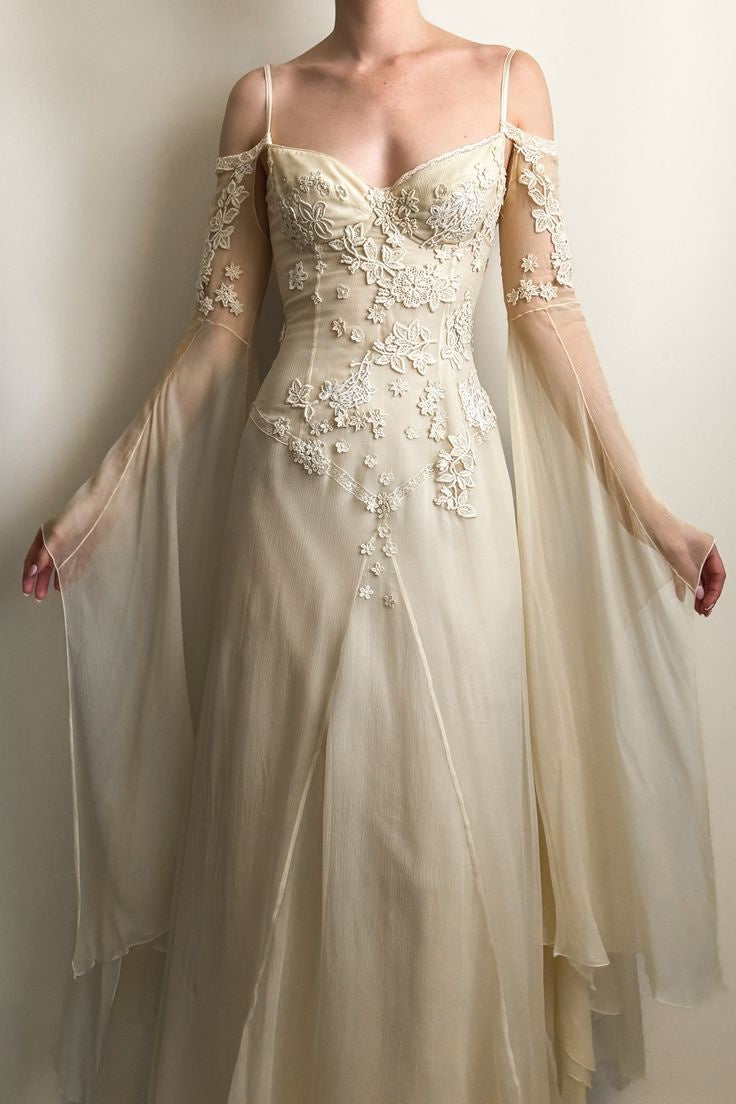 NiceVestidos--Floral Long Sleeve Chiffon Long Prom Dress Fairy Dress NV5882