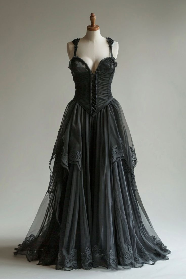 Gothic-romantisches Spaghettiträger-Korsettkleid | Schwarzes, mehrlagiges Ballkleid aus Tüll und Spitze für Retro-Mottopartys und gehobene Dinnerpartys NV6280