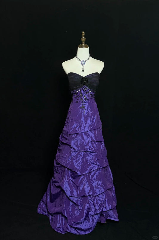 Charming purple exquisite rhinestone taffeta vintage long ball gown nv5147