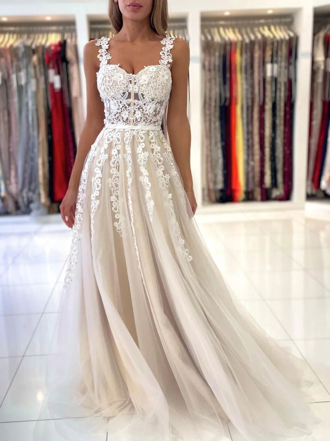 Champagne A-Line Lace Long Prom Dresses, Champagne Formal Evening Dresses nv1525