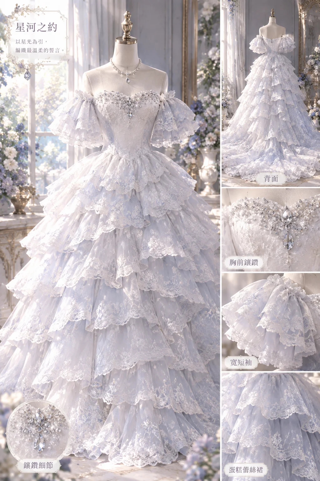 Ice Blue Sweetheart Rhinestone Tiered Lace Cake Prom Dress, Off Shoulder Ruffle Sleeve Ball Gown NV7452