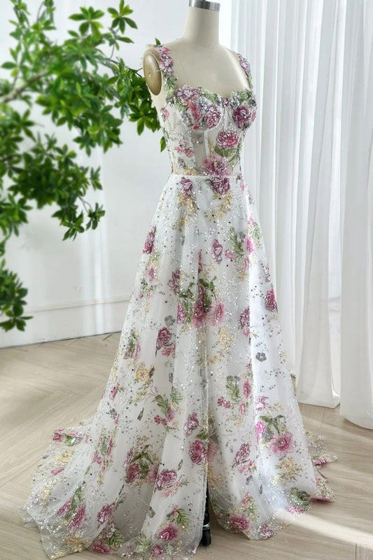 NiceVestidos--Pink Sweet Floral Elegant Tulle Long Prom Wedding Dress NV5871