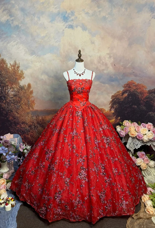 Red Vintage Floral Beaded Long Satin Ball Gown nv5144