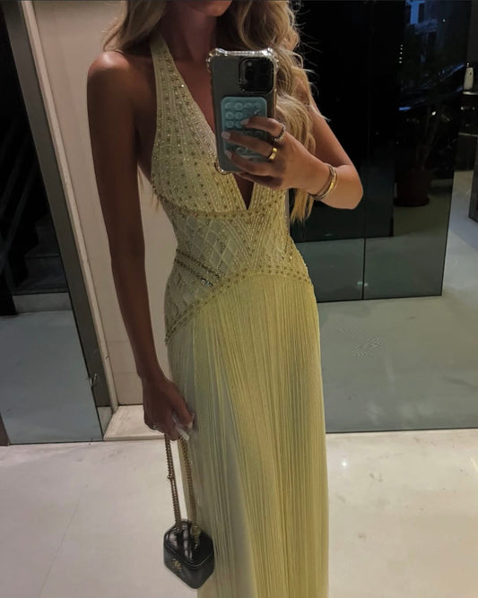 Yellow Gorgeous Beaded Fashion Long Chiffon Prom Dress Evening Dress Party Dress nv4769