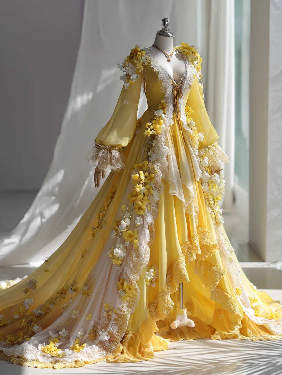 Bright Yellow 3D Floral Lace Ball Gown with Puff Sleeve and Long Train NV7485