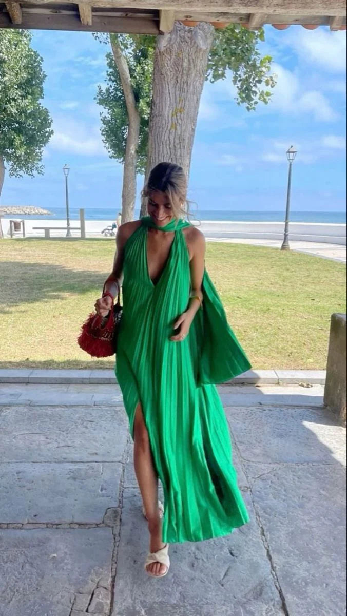 Pink/green V-neck low-cut long satin elegant ball gown, evening dress, wedding guest dress nv2976