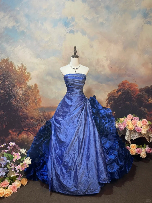 Blue satin floor-length vintage long ball gown nv5152