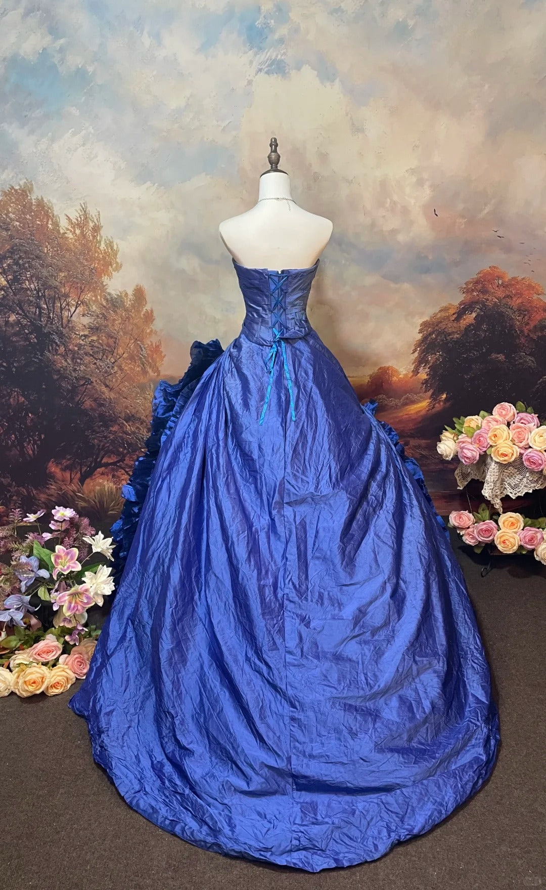 Blue satin floor-length vintage long ball gown nv5152