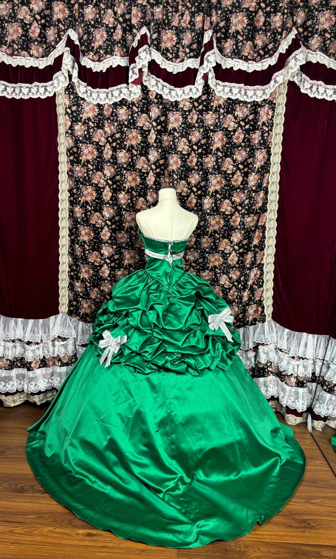 Green shiny beaded bow long satin ball gown evening dress quinceanera dress nv4645