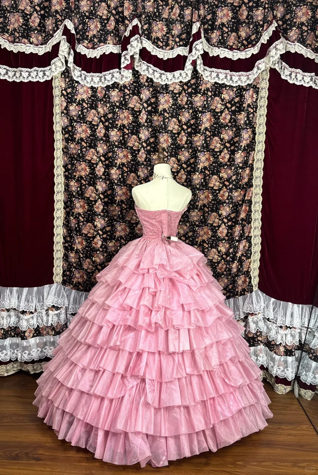 Pink floral beaded long tulle ball gown evening dress quinceanera dress nv4646
