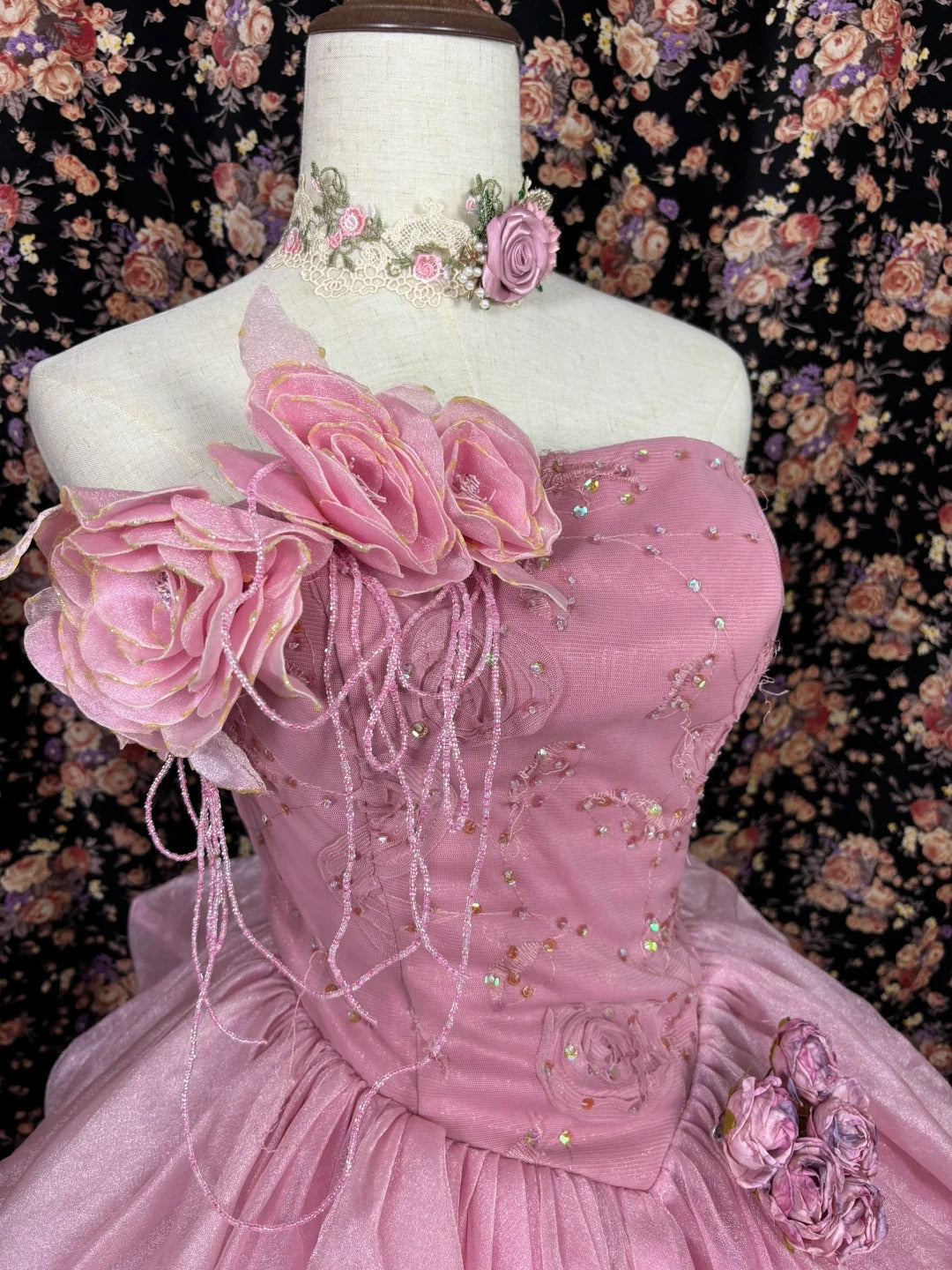 Pink floral beaded long tulle ball gown evening dress quinceanera dress nv4646