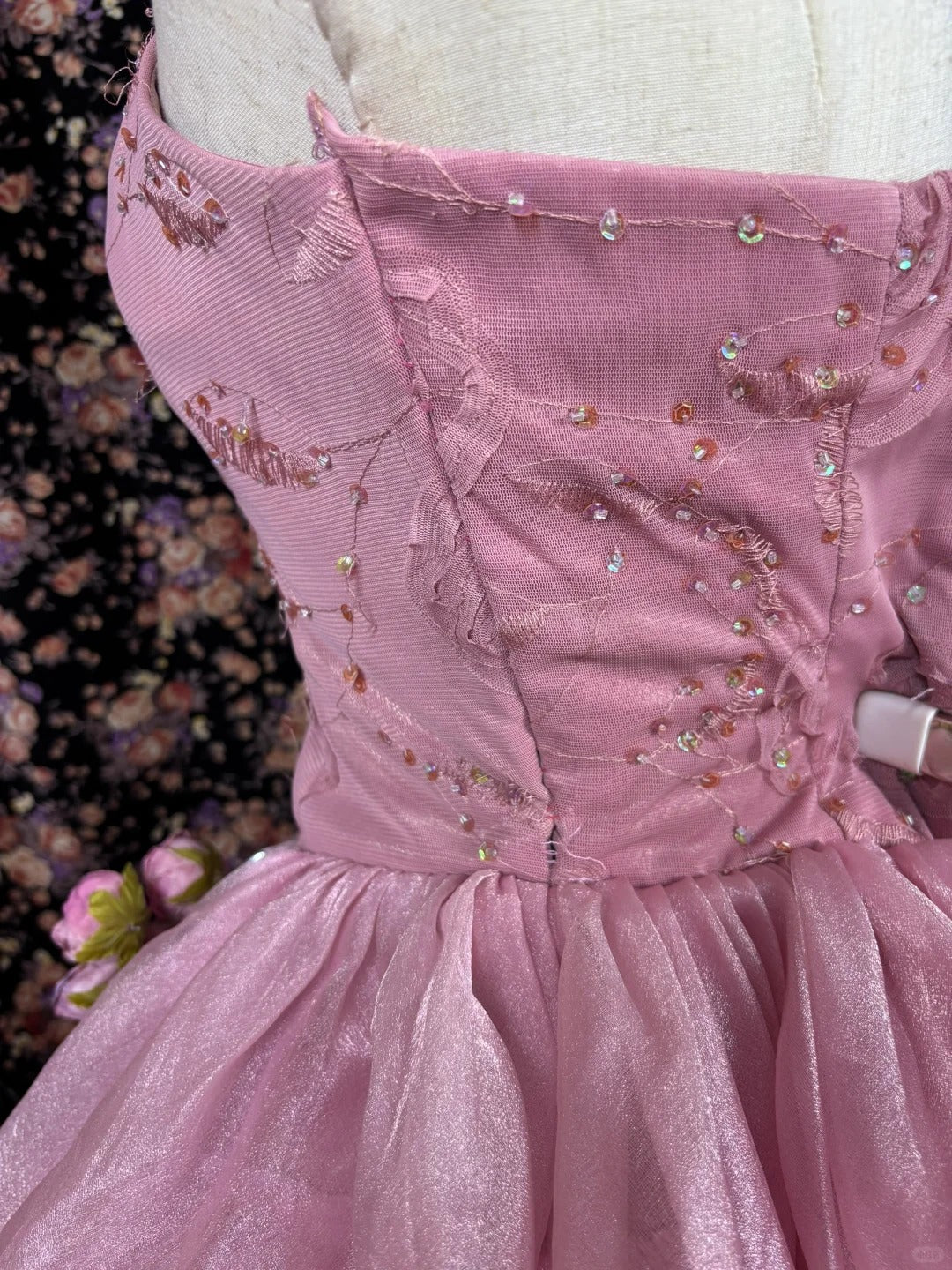 Pink floral beaded long tulle ball gown evening dress quinceanera dress nv4646