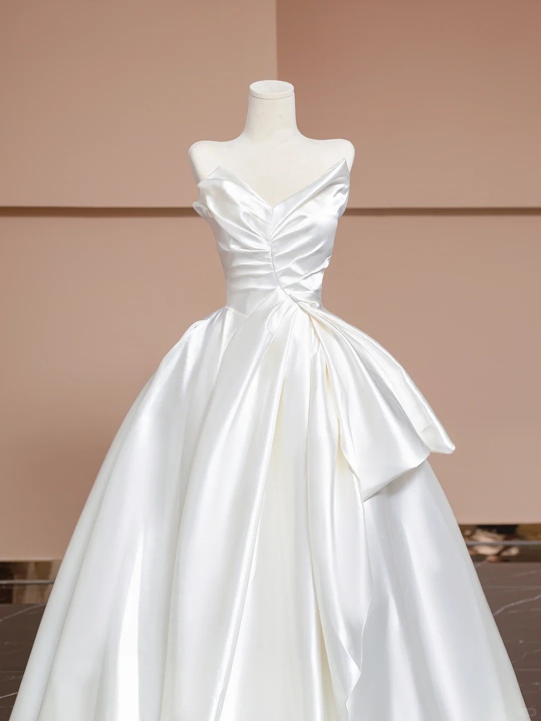 Stylish, elegant, and simple white long satin wedding dress, ball gown, and evening gown. nv5078