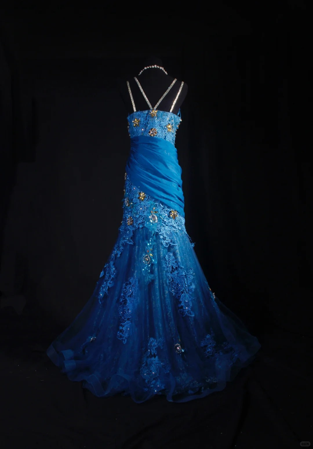 Fantasy blue exquisite floral beading long lace satin prom dress party dress vintage nv5211