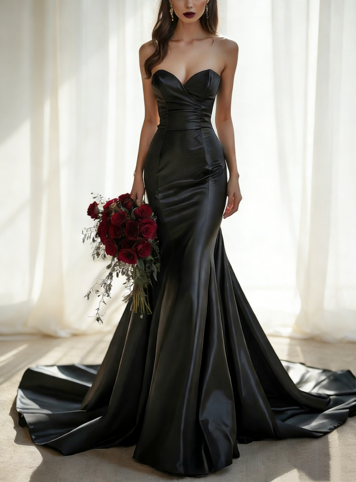Haute Couture Schwarzes Satin-Meerjungfrauenkleid ohne Träger und Schleppe, Abendkleid für den roten Teppich NV6758