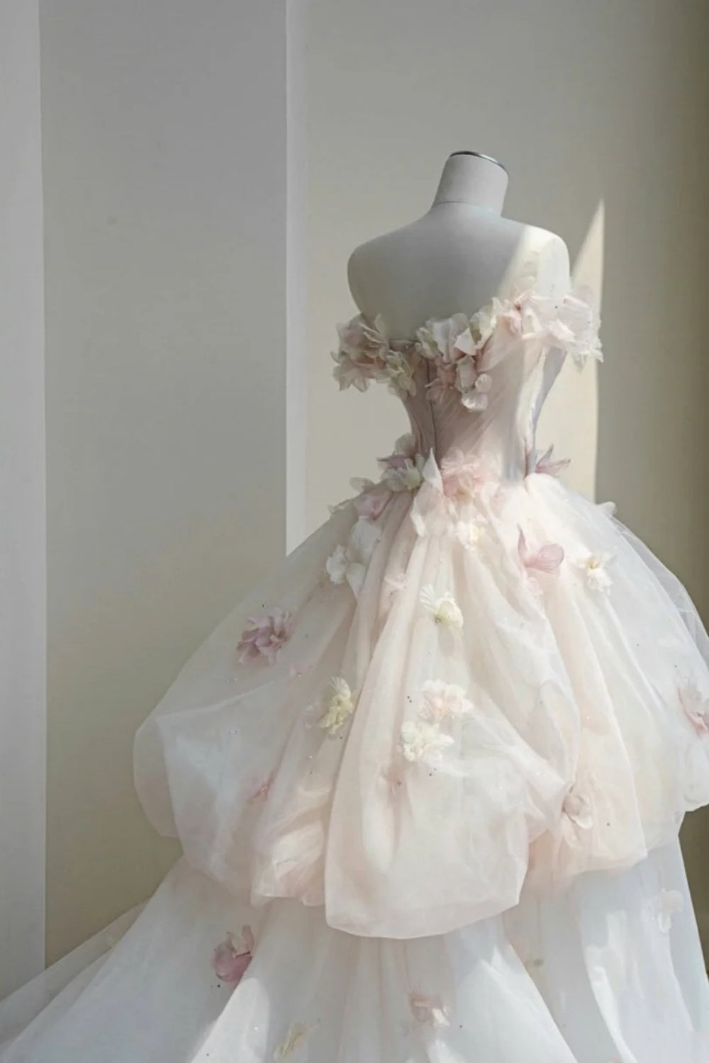 NiceVestidos--Floral Fairy Style:Pink - White 3D Floral Studded Tulle Off - Shoulder Floor - Length Wedding Dress NV5815