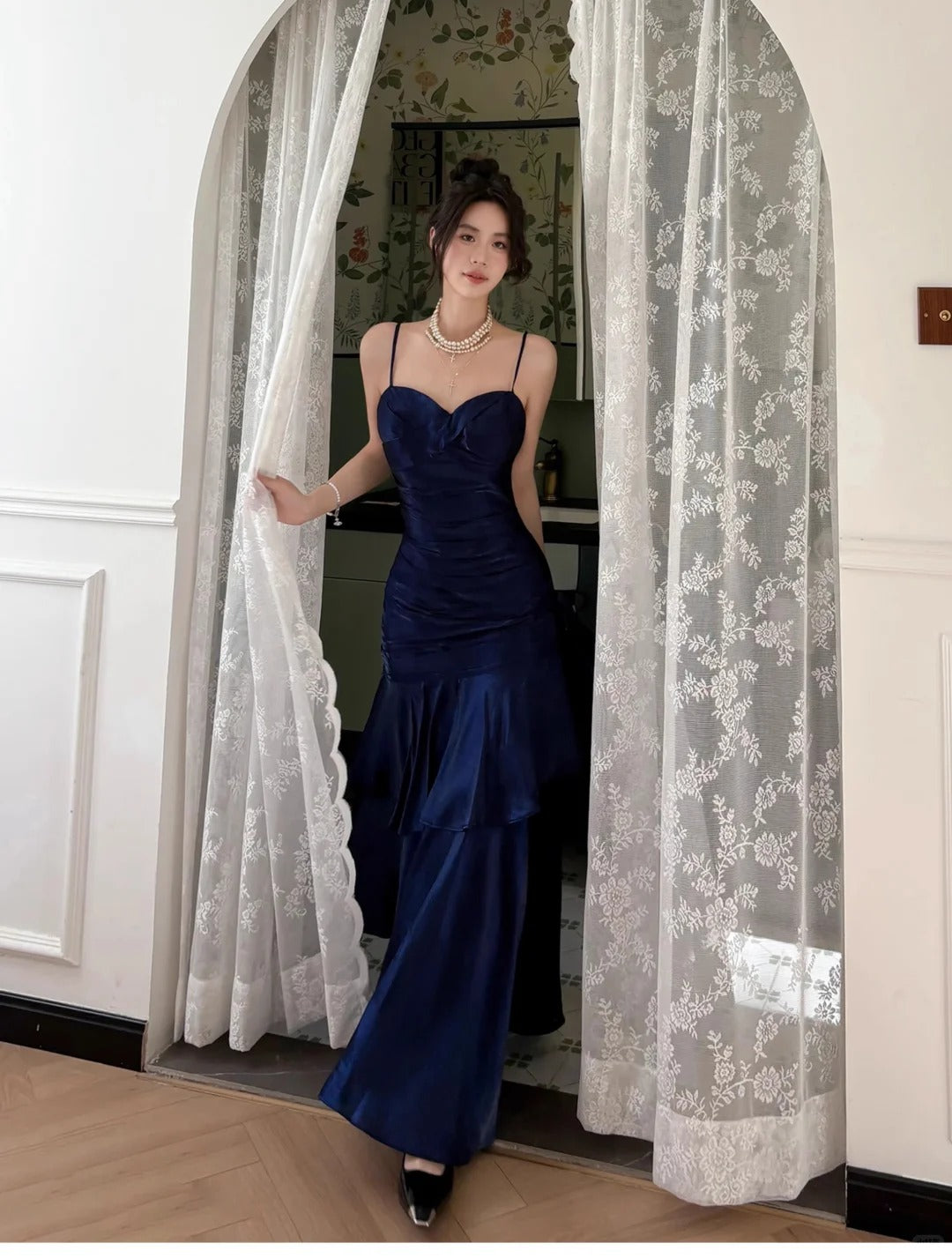 Blue Enchantress Mermaid Princess Ruffles Light Luxury Small People Day Dress Ball Dress Evening Dress nv4543