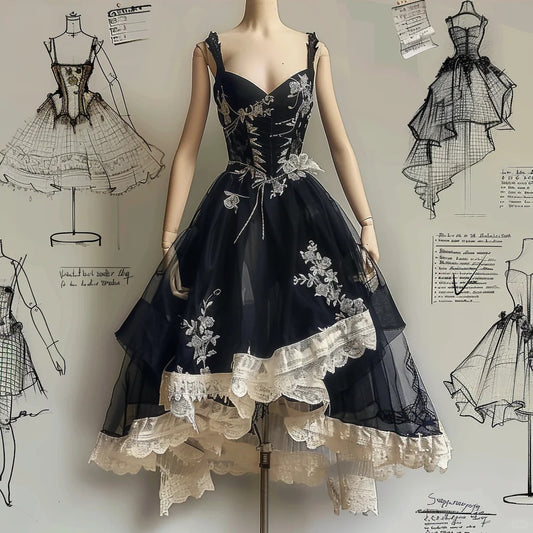 Black and white floral long tulle homecoming dress multi-layered ruffle fairy birthday party dress princess ball gown evening dress nv4548