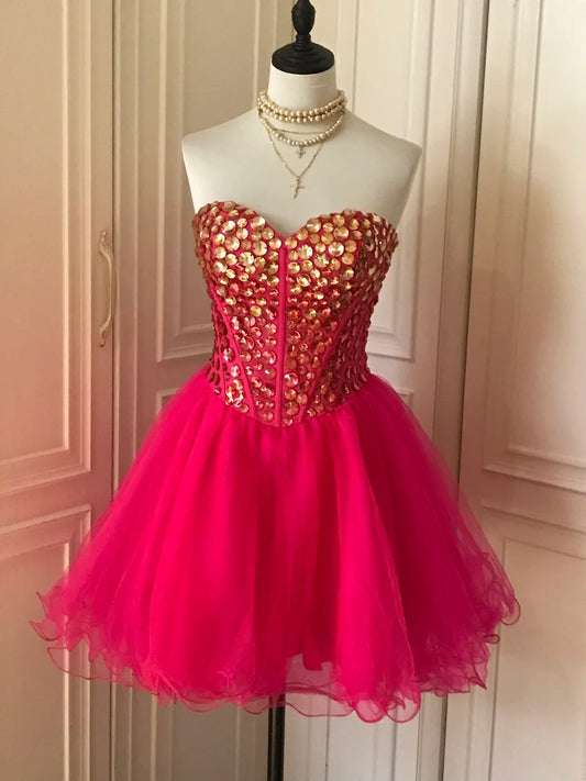 Pink Sequin Beaded Short Tulle Princess Homecoming Dress Birthday Party Dress nv4712