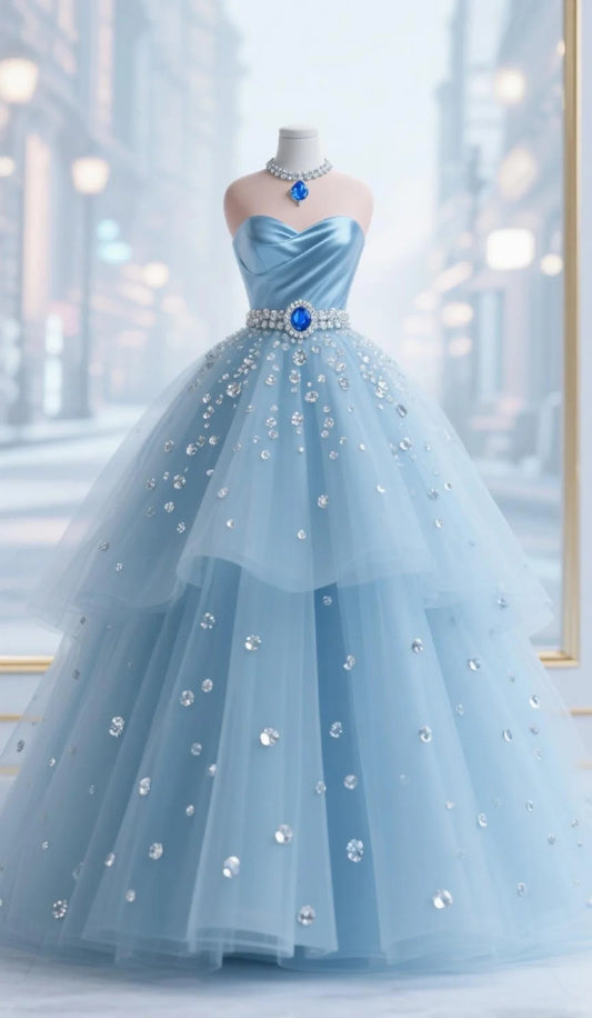 Blue shiny elegant rhinestone long princess tulle ball gown evening dress nv4431