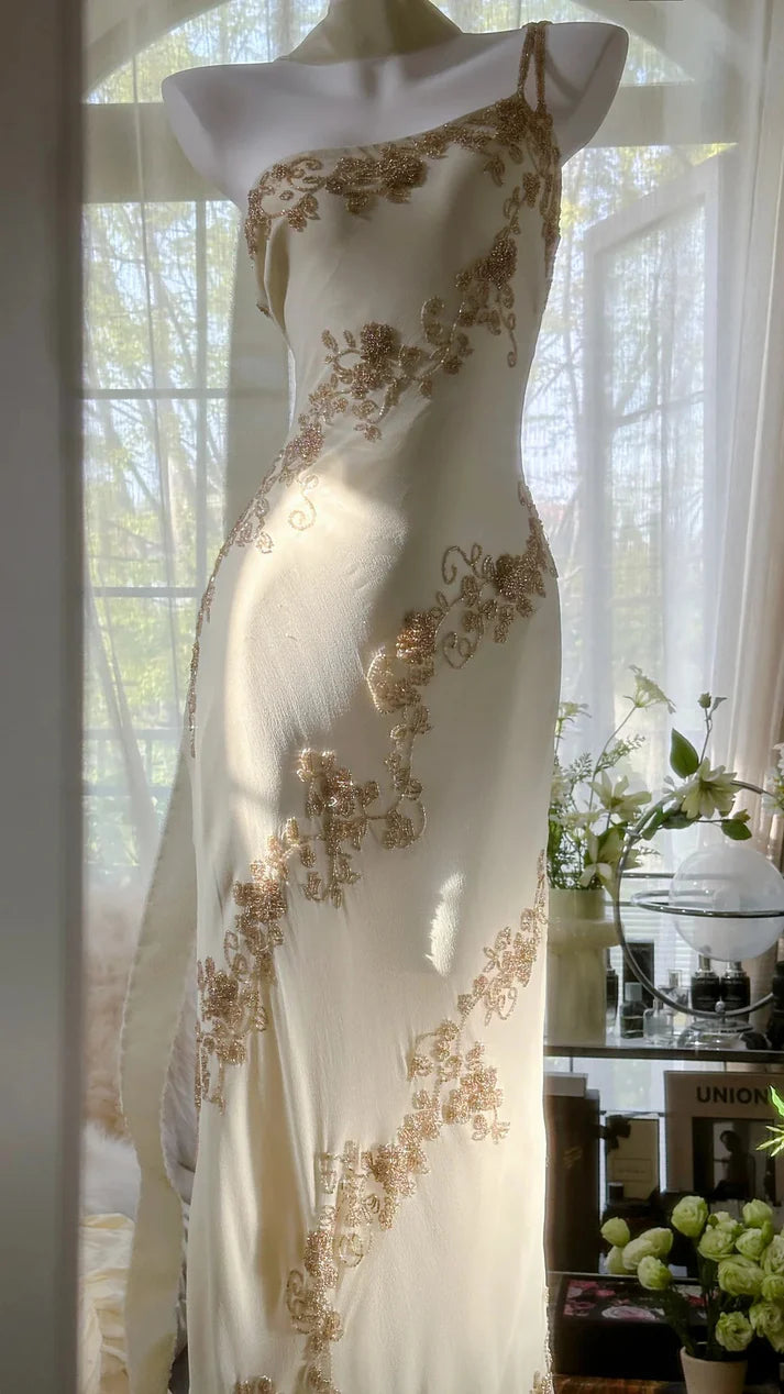 Ivory White Vintage Fashion One Shoulder Exquisite Beaded Long Chiffon Ball Gown Birthday Party Dress Cocktail Party Dress Evening Dress Prom Dress nv4904