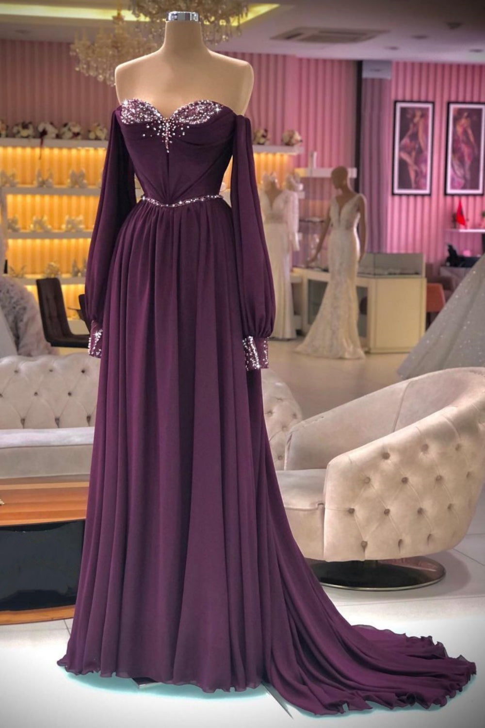 NiceVestidos-Purple Delicate Beaded Long Tulle Formal Dress NV6137