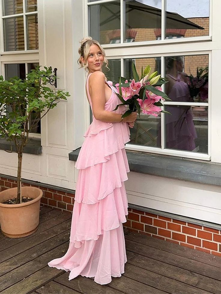 Pink Fashion Sweet Cute Long Tiered Ruffle Chiffon Floor Length Ball Gown Evening Dress Party Dress Prom Dress 22nd Birthday Suit nv3904