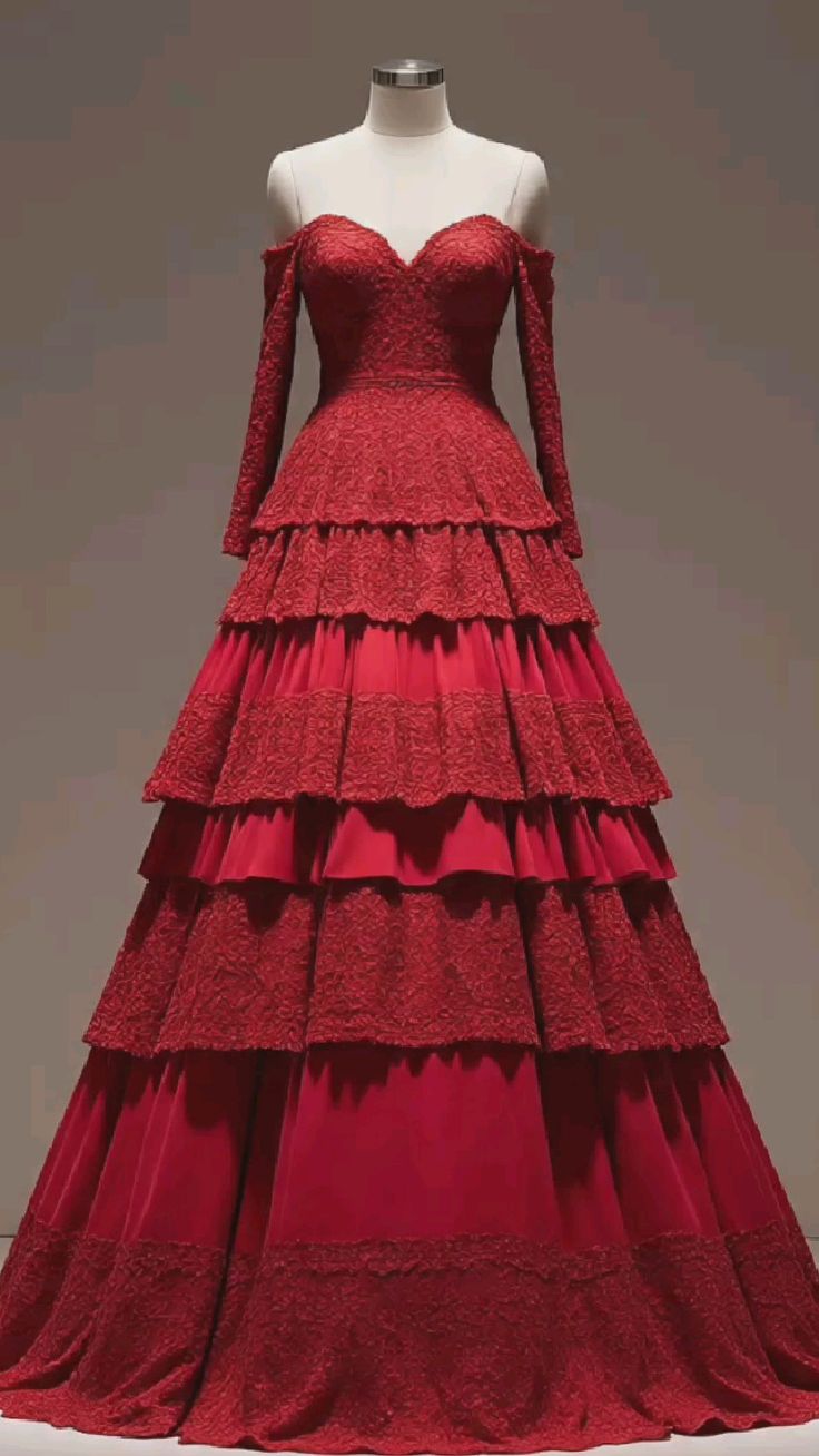 NiceVestidos – Rotes, schulterfreies, bodenlanges Stufenkleid mit langen Ärmeln und Einsätzen aus Spitze und Satin (NV6165)