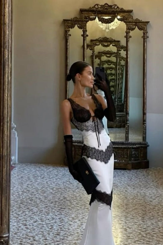 Black and white contrast lace fashionable elegant sexy long satin Prom Dress evening dress wedding guest party dress nv4806