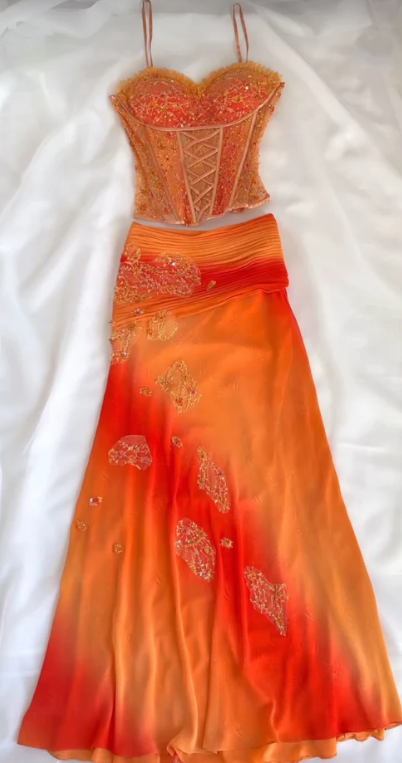 Orange Delicate Beaded Ruffle Long Chiffon Party Dress Two-Piece Set nv5344