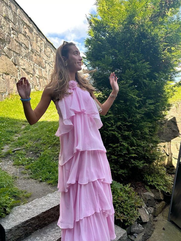 Pink Fashion Sweet Cute Long Tiered Ruffle Chiffon Floor Length Ball Gown Evening Dress Party Dress Prom Dress 22nd Birthday Suit nv3904