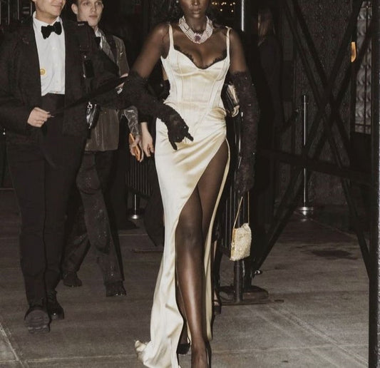 Beige Lace Long Satin Prom Dress Evening Dress Party Dress nv4870