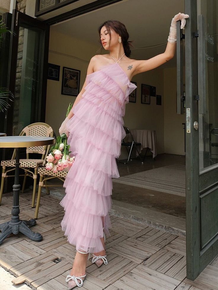 Pink sweet backless long tulle ball gown evening dress nv1353
