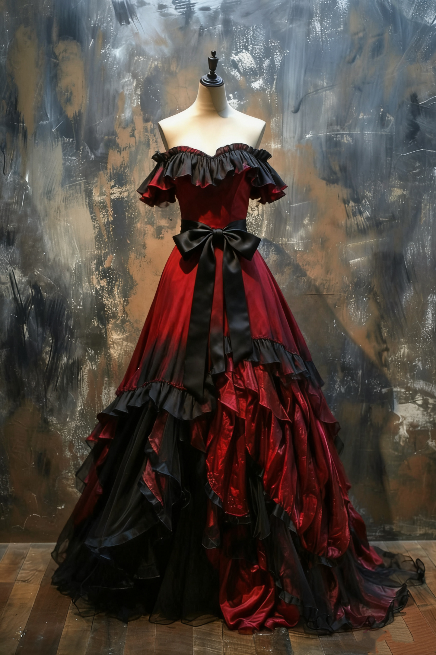 (Exclusive Original Design Dress)Red & Black Satin Train Gown | Off-Shoulder Black Bow Dark Retro Style Theme Party Evening Dress NV6321