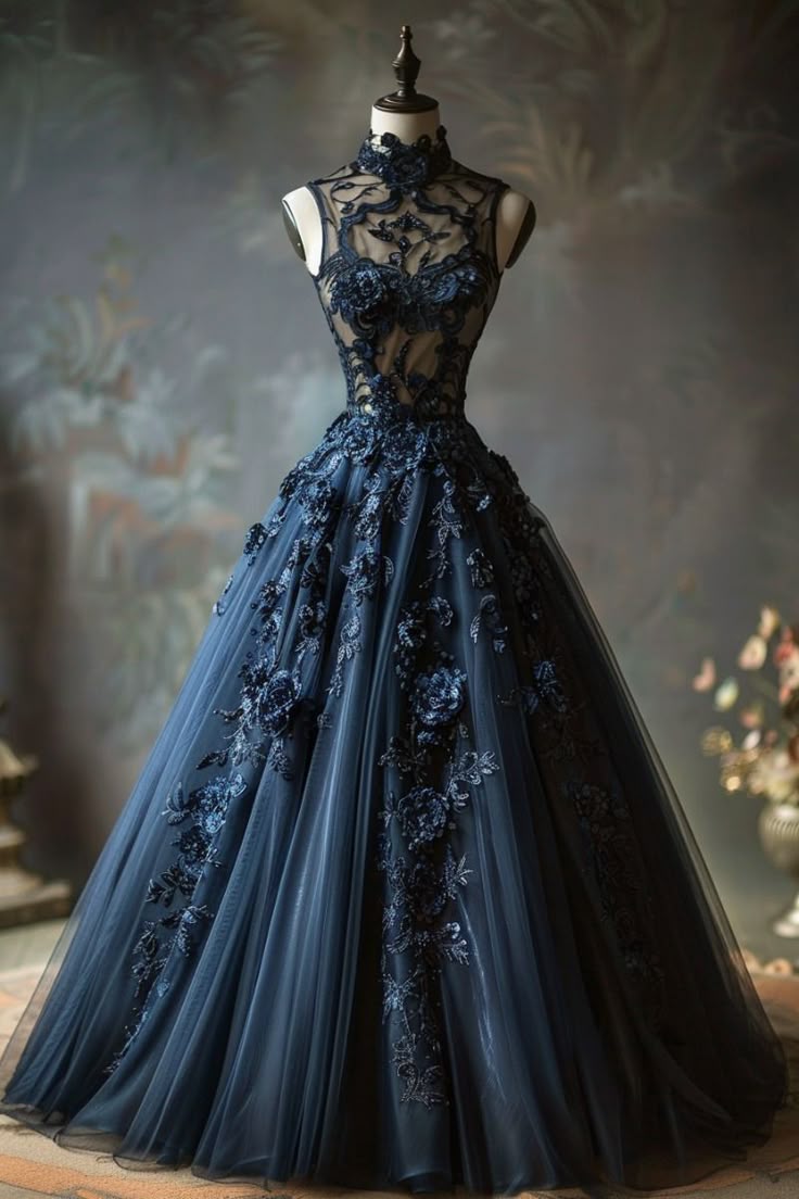 NiceVestidos-Navy Blue Tulle Stand-Collar 3D Embroidery-Embellished Floor-Length Court-Style Gown NV6212