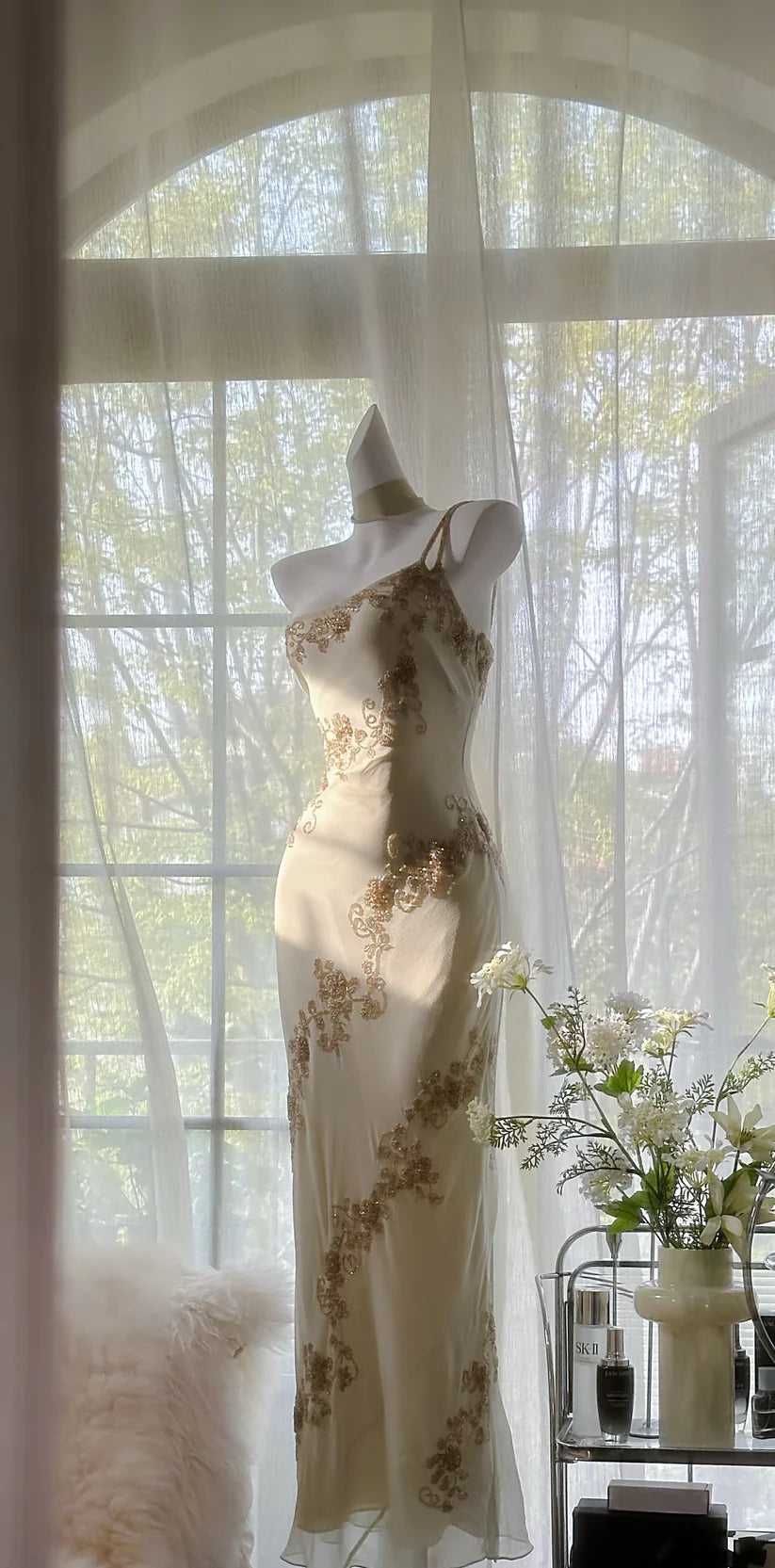 Beige Elegant A-line Exquisite Beaded Long Chiffon Mermaid Slim Retro Evening Dress Birthday Party Gift Ball Gown Prom Dress nv3990