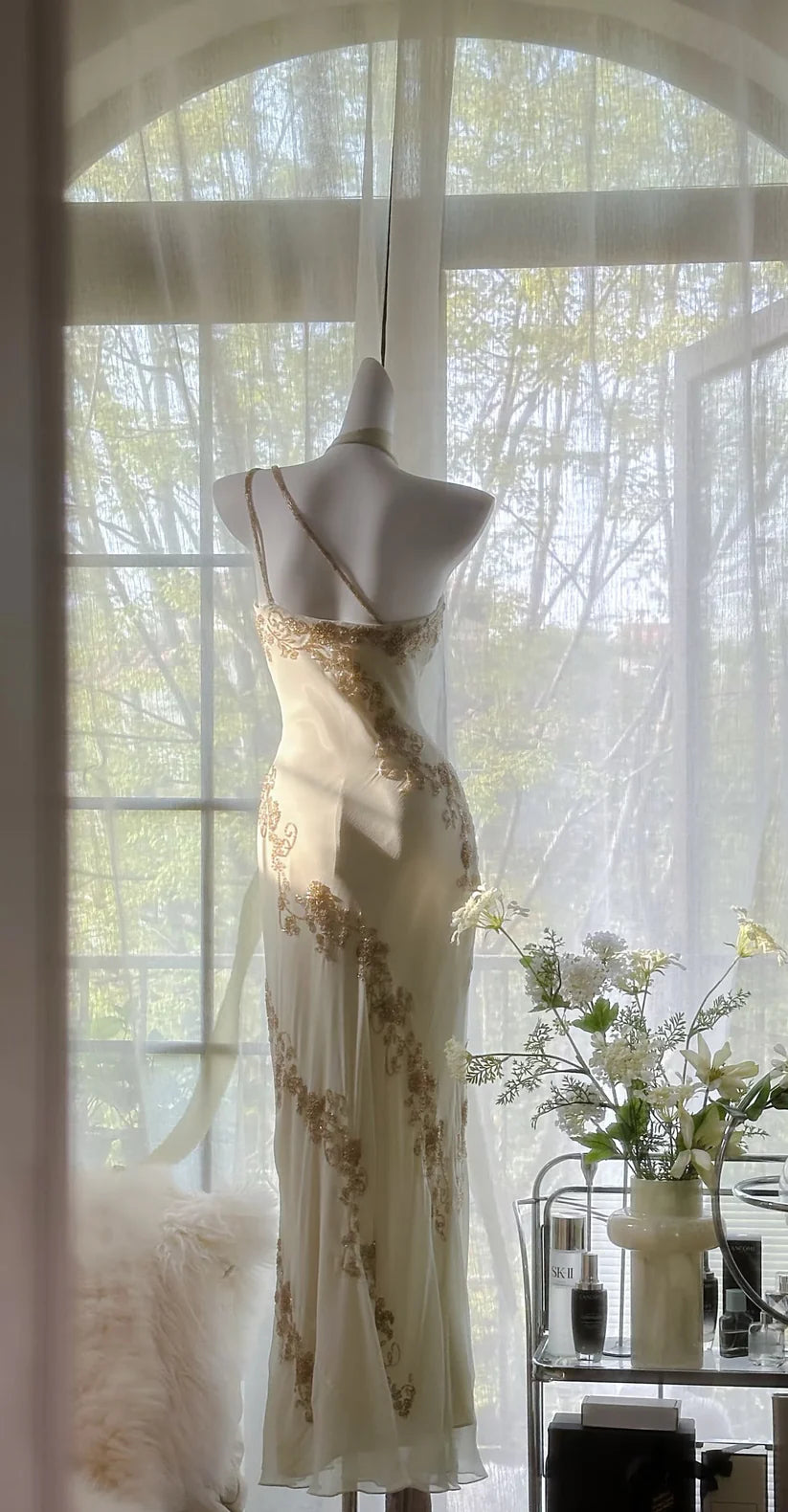 Beige Elegant A-line Exquisite Beaded Long Chiffon Mermaid Slim Retro Evening Dress Birthday Party Gift Ball Gown Prom Dress nv3990