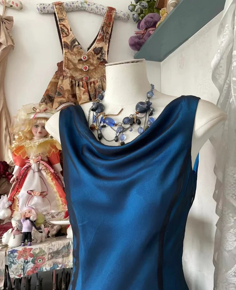 Blue Elegant A-line Long satin Mermaid Retro Evening Dress Birthday Party Dress Ball Gown Prom Dress nv3989