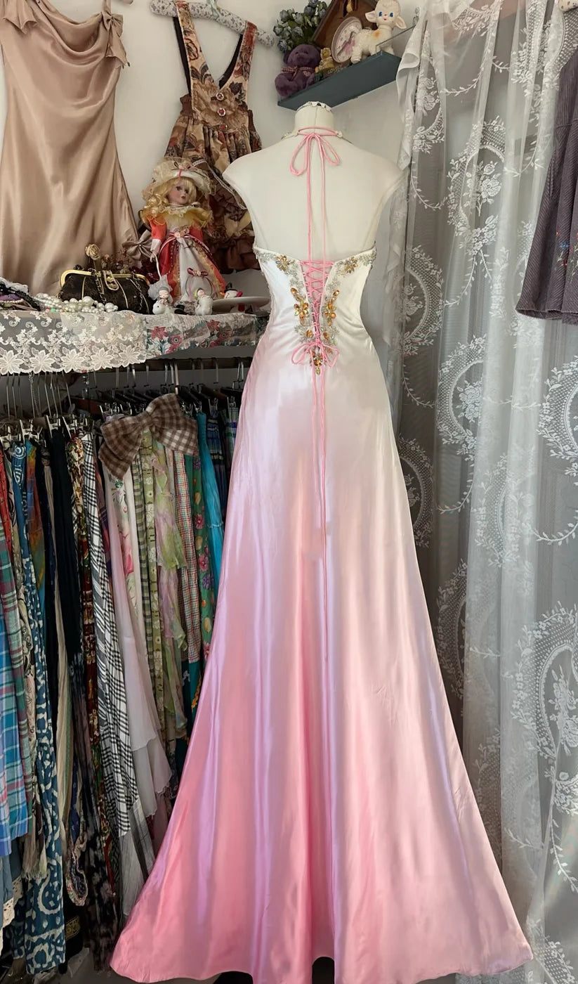Pink A-line Gradient Satin Beaded Long satin Vintage Slit Evening Dress Birthday Party Dress Ball Gown Prom Dress nv3988