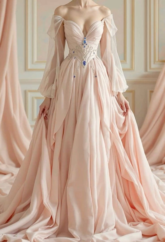 Light Pink Vintage Gemstone Elegant Long Fairy Tulle Ball Gown nv4839