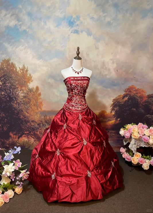 Red exquisite silver beaded satin floor-length vintage long ball gown nv5155