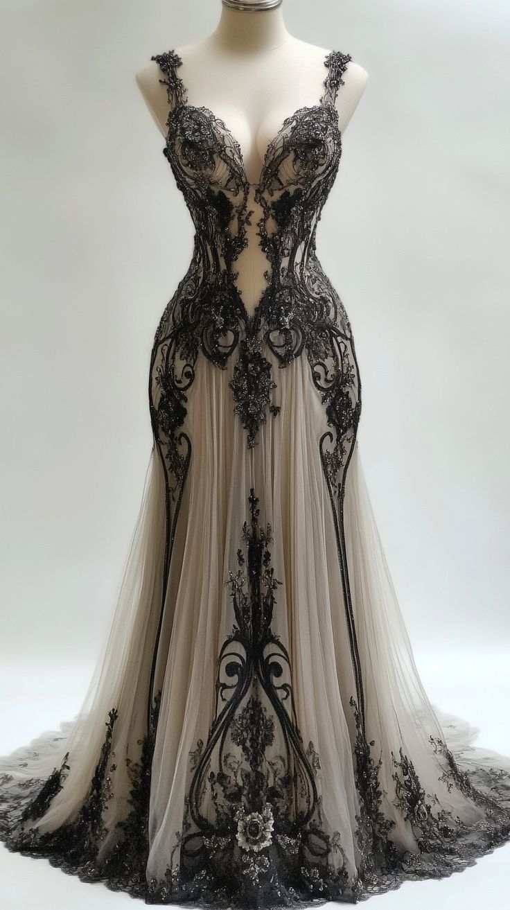 NiceVestidos-Black-Grey Contrast Tulle Spaghetti-Strap 3D Lace-Embellished Floor-Length Mermaid Gown NV6208