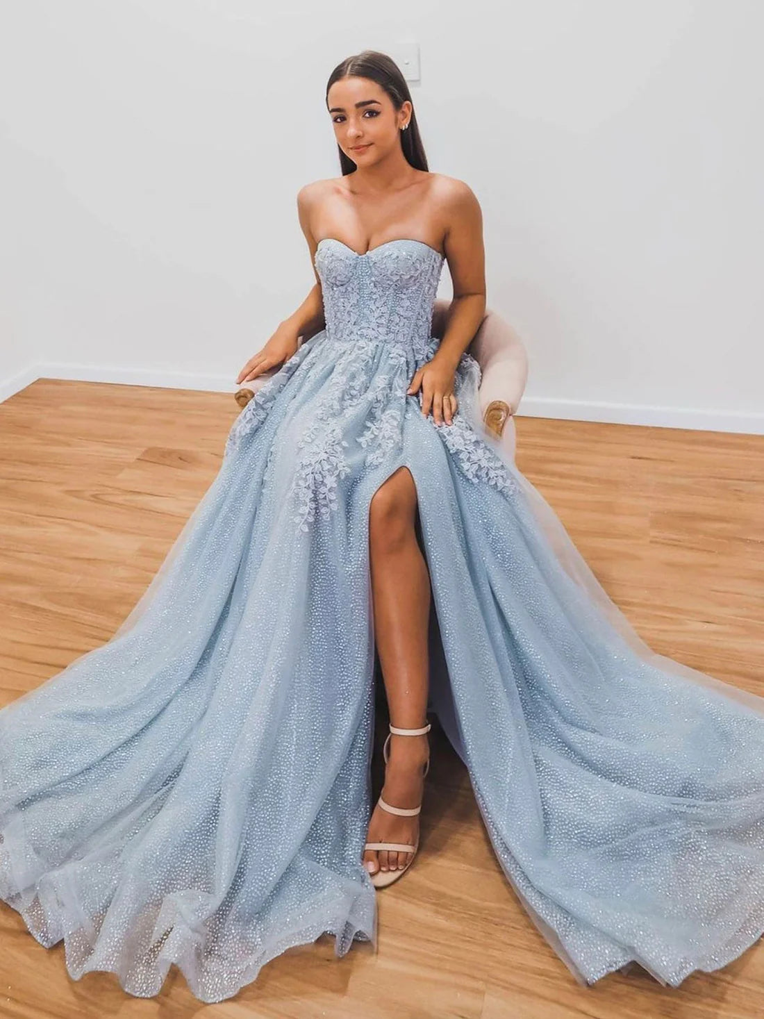 A-Line Sweetheart Neck Blue Long Prom Dresses, Blue Formal Graduation Dress nv1530