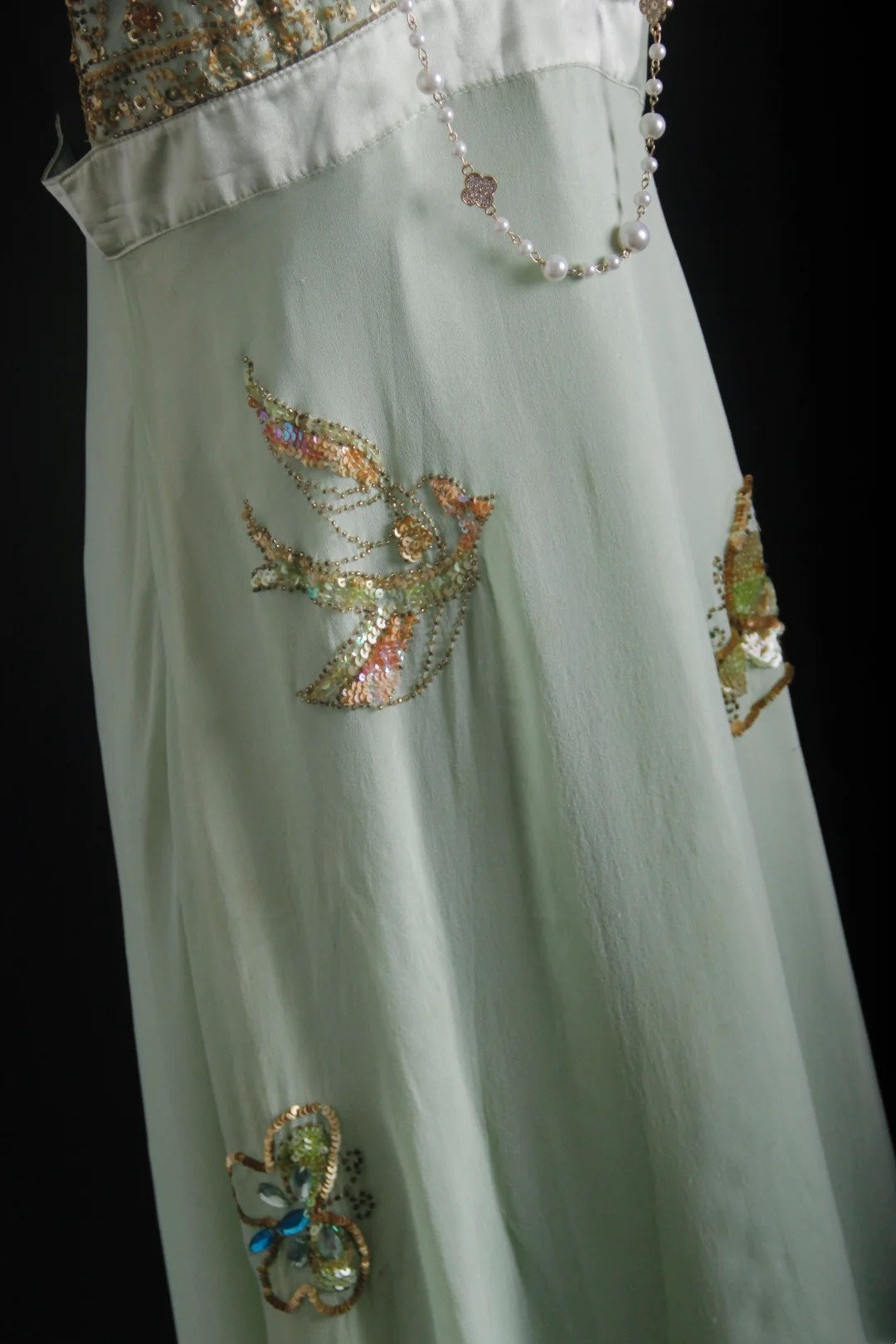 NiceVestidos--Dreamy Handmade Beaded Now trending Niche Luxury Fairy Tale Mint Green Chiffon Beaded Bird Appliqué Spaghetti Strap Slim Long Prom DressNV5792